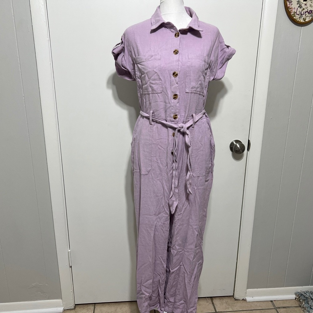 FRNCH Jumpsuit Women Size S Lavender Cotton Linen Short Sleeve Utility